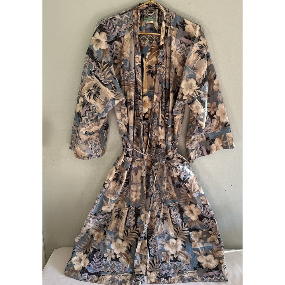 Vintage Reyn Spooner Hawaiian Robe 100% Cotton Tan Blue Long Pocket Men L XL